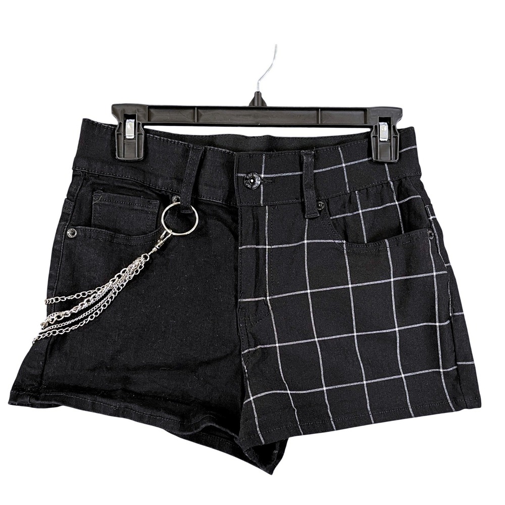 Hot Topic Shorts Women 7 Black White Grid Detachable Chain Emo Punk Goth Casual